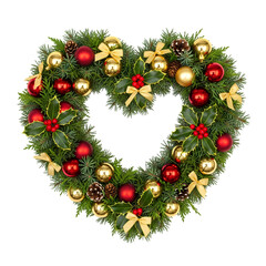 Stunning heart-shaped Christmas wreath bursting with vibrant red and gold ornaments, pinecones, and festive holly leaves creating holiday cheer.