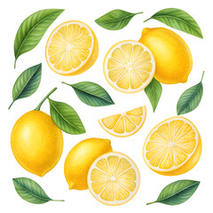 Yellow lemons and green leaves watercolor isolated on a transparent background