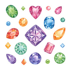 Fototapeta premium Assorted watercolor gemstones isolated on a transparent background