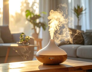 A home's interior showing a scent diffuser with vapor emitting, sunlight shining through a window, illuminating the room