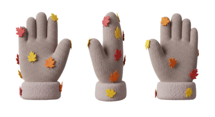 Three beige knitted mittens with colorful autumn leaves isolated on transparent background