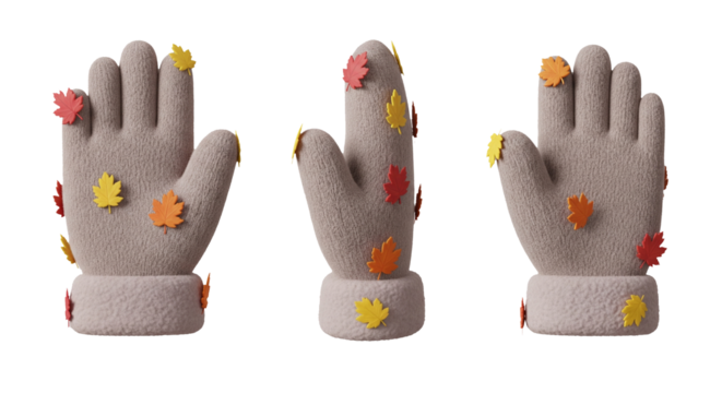 Three beige knitted mittens with colorful autumn leaves isolated on transparent background