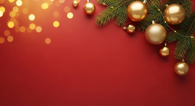 Elegant golden Christmas ornaments with pine branches on a vibrant red background for your holiday designs - Powered by Adobe