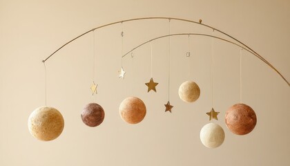 Spherical decorative objects and star shapes hang from thin curved arms against a muted background