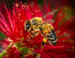 A honeybee, adorned in pollen, rests gracefully upon a vibrant, crimson, brush-like flower, showcasing nature's beauty up close
