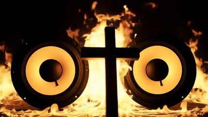 Speakers, cross combined, in front of a fire background, symbolizing music. Concept for album art