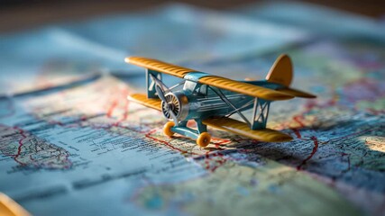 Toy airplane sits on a colorful map representing wanderlust and travel plans for upcoming adventures and explorations around the world