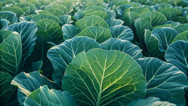 Vibrant green cabbage field bathed in sunlight offering fresh produce and healthy eating inspiration for organic food marketing campaigns