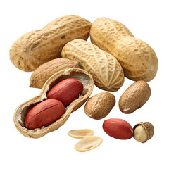 Group of peeled, unpeeled and opened shell peanuts
