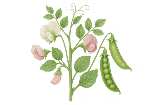 Green pea plant with blooming white and pink flowers and fresh pods, watercolor botanic illustration, transparent background