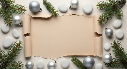 hristmas background with torn beige paper center surrounded by smooth white pebbles