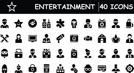 Entertainment and leisure flat vector icons set. celebrity, show, media, movie, tv, game, star, cinema, theater, party, event, vector symbols pack, perfect for web design.