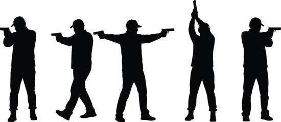 Set of five male shooter silhouettes training with pistols, demonstrating different tactical shooting and aiming poses isolated on white