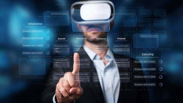A man wearing a virtual reality headset interacts with a digital interface displaying data analytics, emphasizing the advancement in technology and user experience. Raster - Powered by Adobe