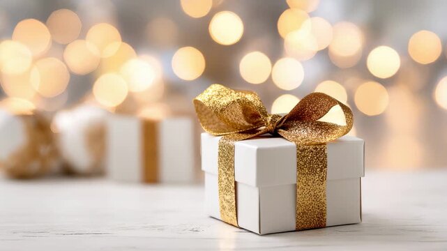 Gift box with gold ribbon on white surface surrounded by softly blurred lights creates a festive atmosphere perfect for celebration