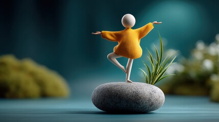 Serene meditation scene with a balanced figure practicing mindfulness on a smooth stone, surrounded by nature, promoting relaxation, inner peace, and mental well-being