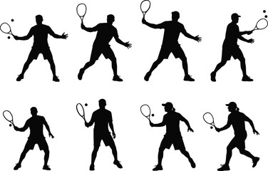 Collection of Eight Detailed Tennis Player Silhouettes Showing Various Service, Forehand, and Backhand Actions Isolated on White