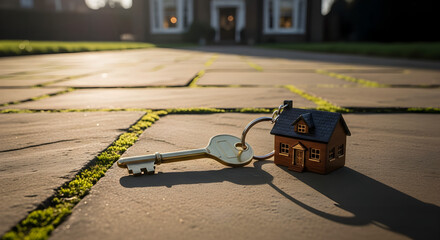 Golden House Key with Miniature Home Keychain on a Sunny Stone Driveway, Concept of Property Investment, Real Estate Purchase, and New Home Ownership