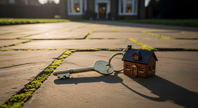 Golden House Key with Miniature Home Keychain on a Sunny Stone Driveway, Concept of Property Investment, Real Estate Purchase, and New Home Ownership