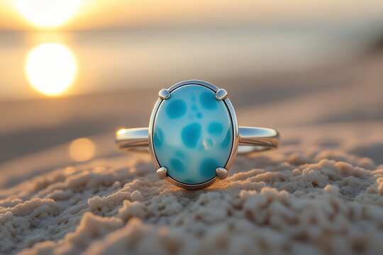 A larimar ring with soft oceanic blue patterns illuminated by gentle afternoon sun warm natural textures handcrafted artisan mood clean and elegant