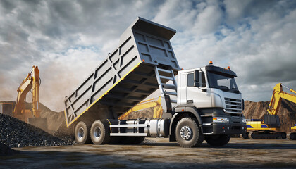 Heavy-Duty Dump Truck Unloading on a Construction Site with Earth Moving Equipment in the Background