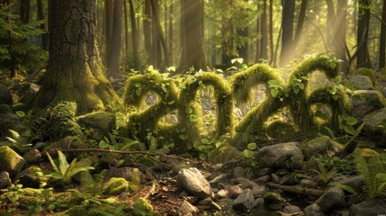 Forest scene with mossy text 2026 illuminated by sunlight and greenery