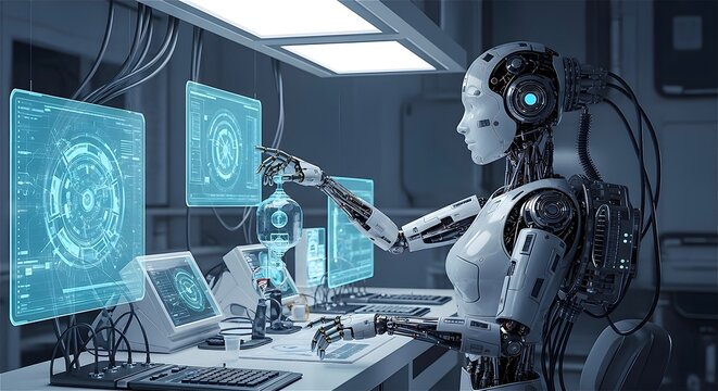An advanced humanoid robot works in a high-tech laboratory, interacting with holographic displays and scientific equipment. The futuristic setting, with its glowing blue digital interface.