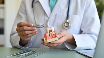 Dentist expertly demonstrating tooth anatomy with model and instrument