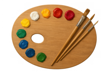 Artist wooden palette displaying vibrant oil paints and various paintbrushes, representing creativity, art, and inspiration