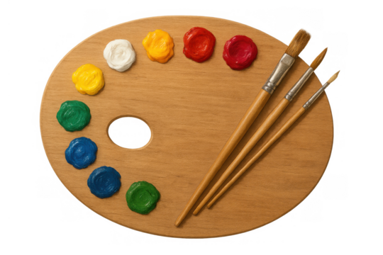 Artist wooden palette displaying vibrant oil paints and various paintbrushes, representing creativity, art, and inspiration