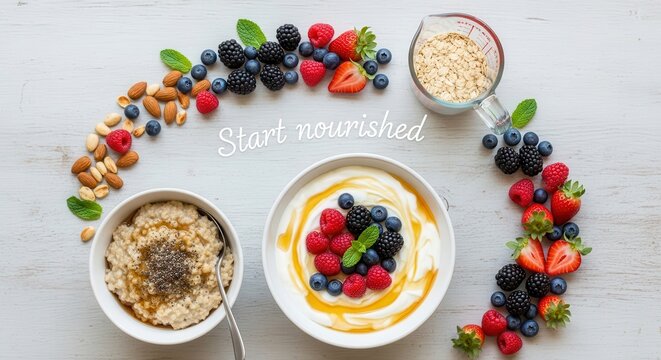 Healthy breakfast with yogurt fresh berries and oatmeal on white table