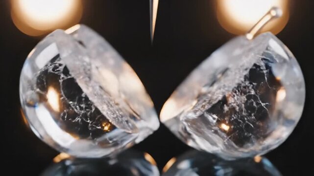 A stunning crystal-like apple being sliced in ultra close-up, showcasing glassy translucence, smooth texture separation, and deeply satisfying motion under soft cinematic lighting