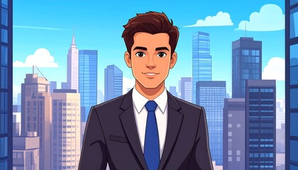 Animated businessperson with a suit and tie smiling. Tall buildings are visible through a window, set against a bright sky