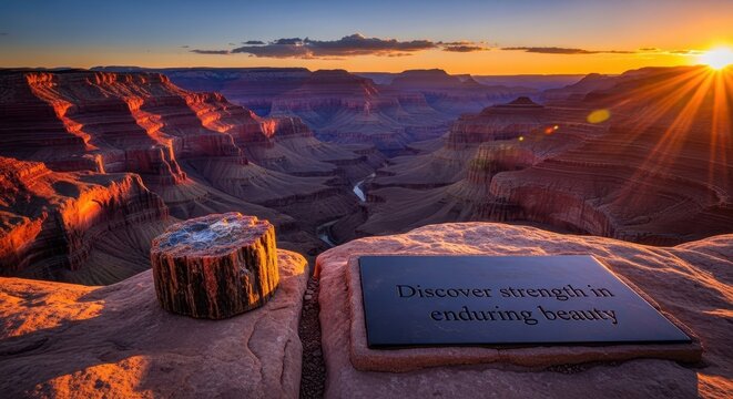 Panoramic landscape view of a canyon at sunset with text on stone - Powered by Adobe