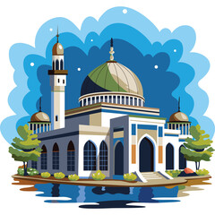 Islamic Mosque With Green Dome And Tall Minaret In A Calm Water Reflecting The Blue Sky With Stars And Clouds And Trees On The Side In Day Time
