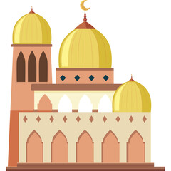 Islamic Mosque Building With Golden Domes and Crescent Moon Symbol Against a Transparent Background Featuring Archways and Intricate Details