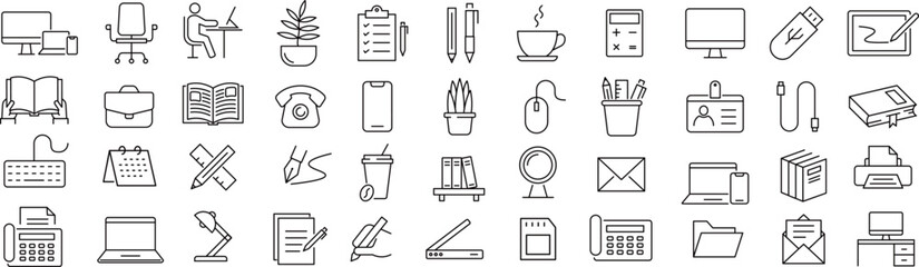 Naklejka premium ベクターでモノクロのオフィス用品に関する線画アイコンセット 