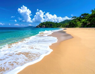 A scenic coastal view showcasing a sandy beach with foamy waves meeting the shore under a vibrant blue sky with fluffy clouds. Green trees and hills in the background