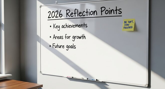 A whiteboard showing 2026 reflection points and future goals