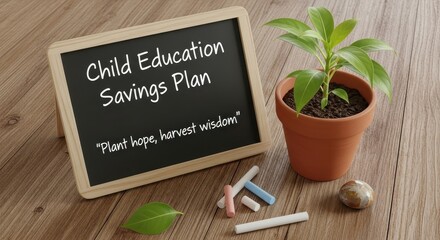 Blackboard With Child Education Savings Plan Next to Plant and Chalk