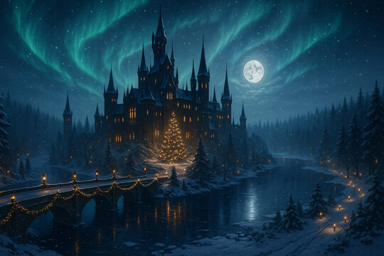 Enchanted winter castle under northern lights &ndash; magical christmas night fantasy landscape