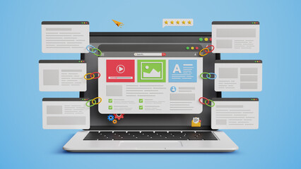 Website Link Building, Content Backlink Strategy, SEO Growth, Improved Rankings, Organic Traffic Boost, Digital Visibility Tactics. 3D website page with  backlink pages on a laptop screen