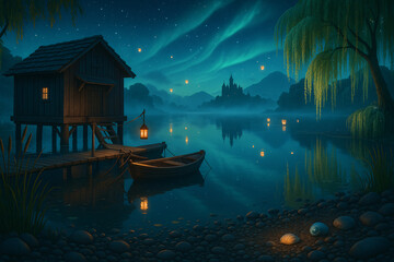 Serene magical lake with wooden cabin boats and glowing lanterns under northern lights