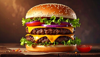 A large, stacked hamburger sits on a wooden surface, with sesame seed buns, double patties, cheese, and colorful toppings