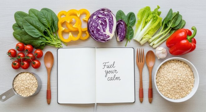 Healthy food arrangement with notebook and wooden cutlery