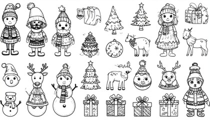 Christmas elements  characters with sketch set.