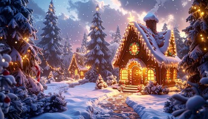 Christmas gingerbread houses in snowy landscape.