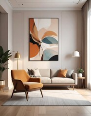 A modern living space with warm tones, featuring an abstract artwork, a comfy couch, and an inviting armchair
