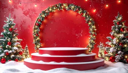 Christmas stage with trees with garland, and snow.