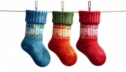 Christmas stockings with hanging on white.